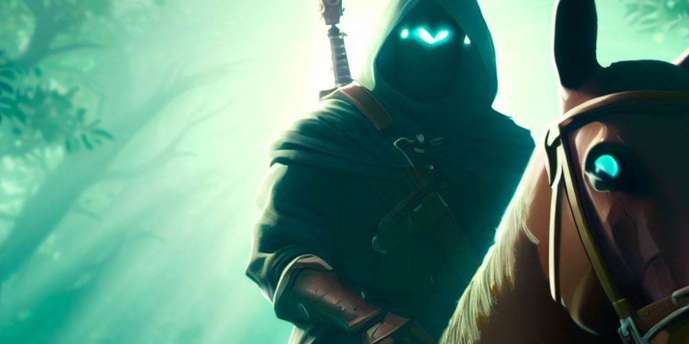 game Breath of the Wild, the character with the hooded face on the horse